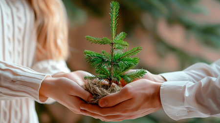Woman and man hands hold together a small green tree. Earth day eco concept. Conservation of the environment, future of the planetの素材
