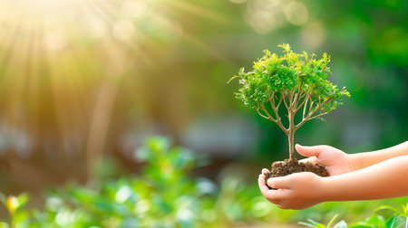child hands holding tree on blurred green nature background with copy space. Earth day eco concept. Conservation of the environment, future of the planetの素材