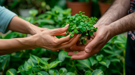 Woman and man hands hold together a small green plant.. Conservation of the environment, future of the planetの素材