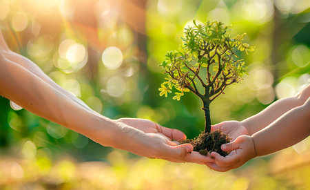 child hands holding tree on blurred green nature background with copy space. Earth day eco concept. Conservation of the environment, future of the planetの素材