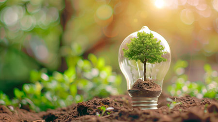 Small tree growing from the ground inside an illuminated bulb. Defocused background. Creative ideas for Earth Day or energy saving and environment concept.の素材
