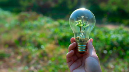 Hand holding a light bulb full of green leaves against nature. Sustainable development and responsible environment, renewable energy sources, ecology conceptの素材