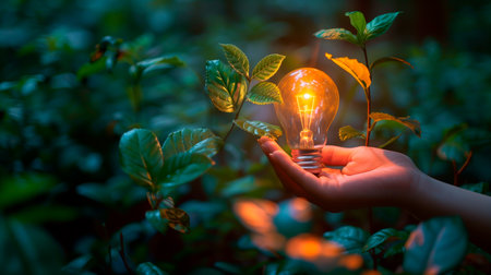 Hand holding an illuminated light bulb with nature background. Sustainable development and responsible environment, renewable energy, ecology conceptの素材
