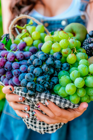Hand holding reusable string bag with vegetables. Sustainable healthy shopping. Fresh and ecological products. Healthy food and personal care conceptの素材