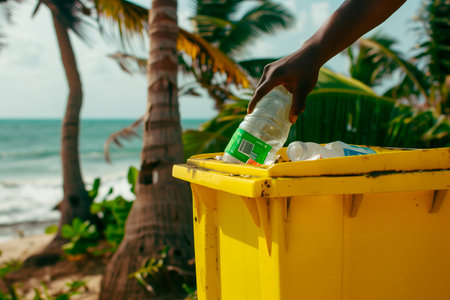 Close up shot of a hand throwing a used plastic bottle into the yellow garbage can for recycling. Concept of plastic recyclingの素材