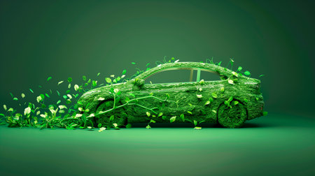 Futuristic eco car concept, built with green branches and leaves on a green background. International Environment Day. Care of the planet, renewable and sustainable energyの素材
