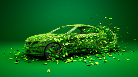 Futuristic eco car concept, built with green branches and leaves on a green background. International Environment Day. Care of the planet, renewable and sustainable energyの素材