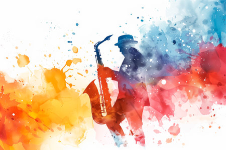 Watercolor silhouette of jazz saxophonist playing live in night club. Isolated, with copy space and white background. Music day, international jazz day.の素材