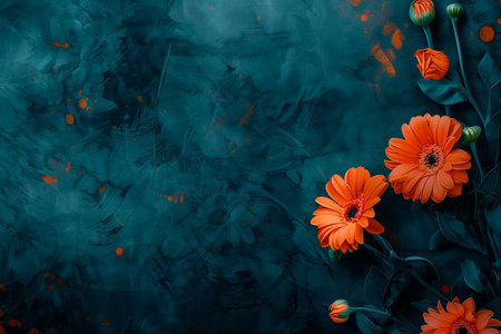 Tropical orange flowers on dark background with copy space. Mother's day, Valentine's day concept. Spring holiday illustration for greeting cards, banners, posters, blogsの素材