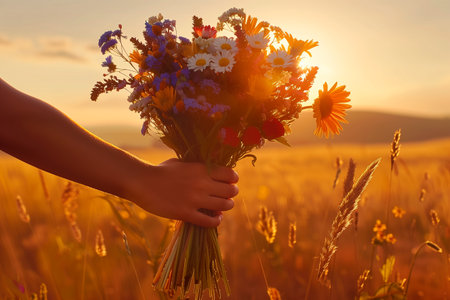 Young man gives a bouquet of flowers to his girlfriend. Boy holding a bouquet of flowers. Meeting between family membersの素材