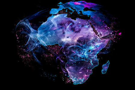 Africa map illustration on black background. Abstract view from space. Communication and technological development conceptの素材