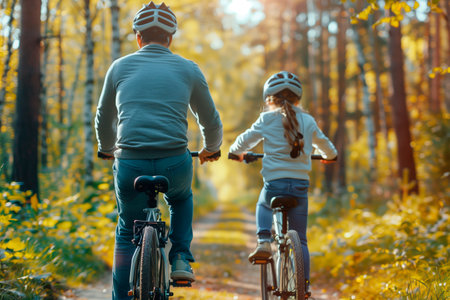 Caucasian father teaching his daughter to ride a bike in the forest on a beautiful sunny spring day. Healthy life conceptの素材