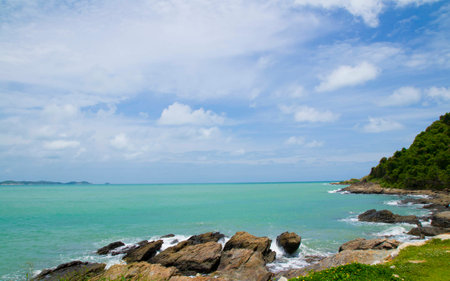 seashore and submerged rocksの写真素材