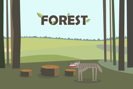 Wolf in forest. Tree Stumps. Cartoon vector with forest background.のイラスト素材