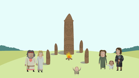 People in national dress on field with pagan idols. National clothes. Vector illustration.のイラスト素材