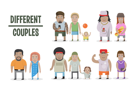 Set of different couples and families, cartoon style people, with babyのイラスト素材