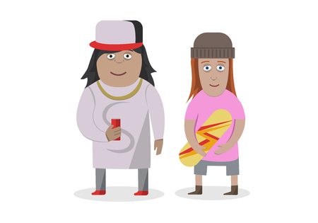 Couple man and girl with skateboard on white background, successful family concept, flat cartoon.のイラスト素材