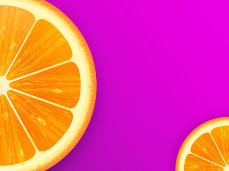 Fresh realistic orange slices isolated on lilac vector background.のイラスト素材