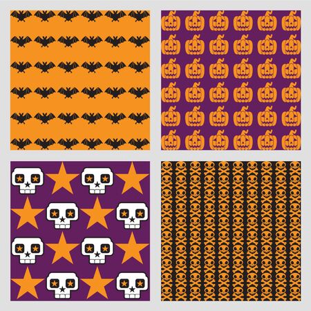 Halloween patterns featuring skulls and bones, bats and jack-o-lanternのイラスト素材