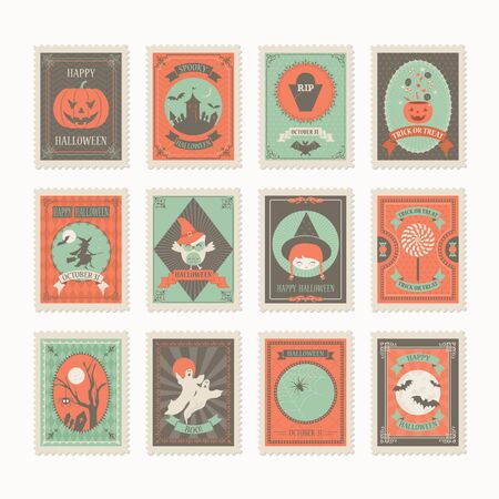 Highly detailed halloween post stamp vector set in retro vintage style.のイラスト素材