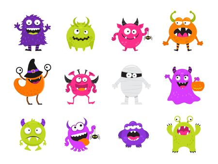 Colorful cute scary Halloween monsters vector icon set with some spiders.のイラスト素材
