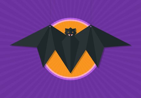 Hanging origami paper flying fox isolated on full moon vector background.のイラスト素材