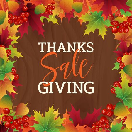Thanksgiving sale vector background filled with bright orange, golden, fire red maple and green leaves. Isolated on wooden background.のイラスト素材