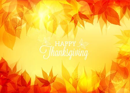 Autumn leaves border and Thanksgiving lettering isolated on bokeh background.のイラスト素材