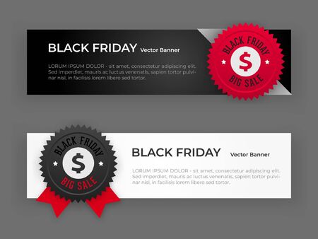 Black Friday sale vector banners in white and black background colors with sale badges. Place for promotional text.のイラスト素材