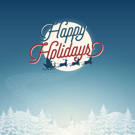 Vector holiday background with Santa, his sleigh, reindeer, and a winter wonderland all in one.のイラスト素材