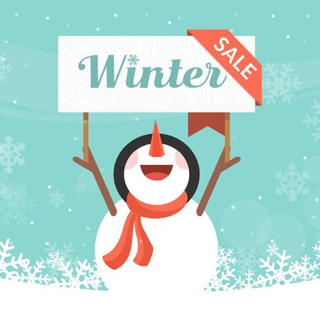 Winter sale flat vector illustration with joyful snowman holding sign board isolated on snowy background.のイラスト素材
