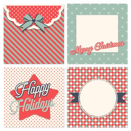 Vector pack of four different Christmas card designs with a vintage flair. With polka dots, bows, lace and snowflakes.のイラスト素材