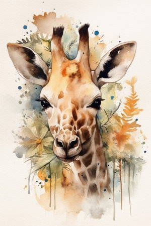 Watercolor portrait of a giraffe with flowers. hand drawn illustration.の素材