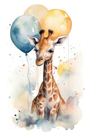 Cute giraffe with balloons. Hand drawn watercolor illustration.の素材