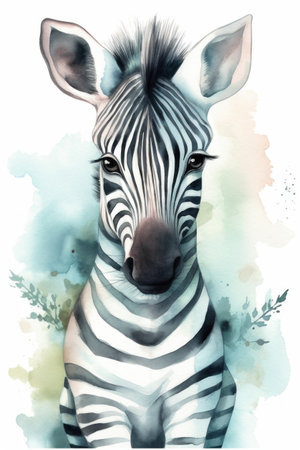 Watercolor portrait of zebra. Hand drawn illustration on watercolor background.の素材