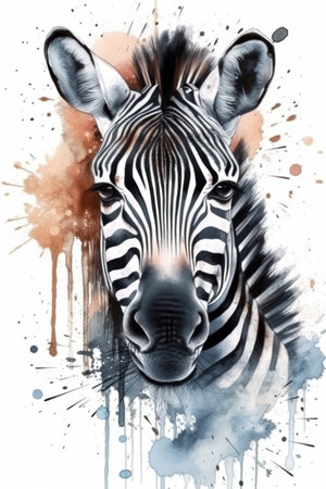 Zebra head with grunge splashes on white background. watercolor illustrationの素材