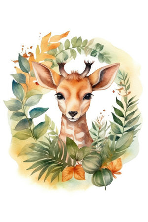 Watercolor illustration of a cute deer in a wreath of leavesの素材