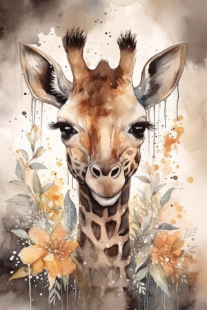 Watercolor portrait of a giraffe with flowers. hand painted illustration.の素材