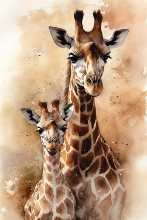 Giraffe mother and baby on watercolor background. watercolor painting.の素材