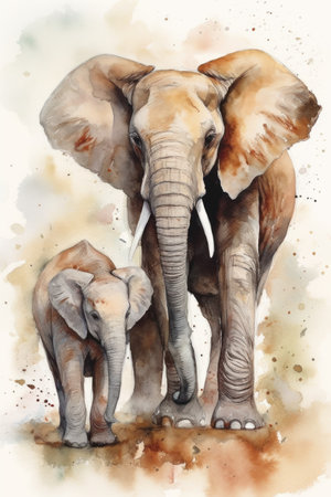 Watercolor painting of an elephant with cubes in the background.の素材