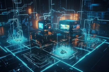 Futuristic technological background with circuit board and glowing lines. 3D Renderingの素材
