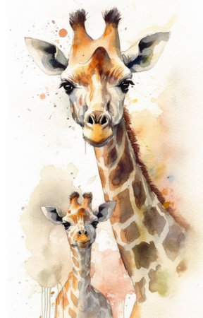 Watercolor illustration of a giraffe with her baby. Giraffe family.の素材
