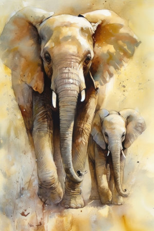 Elephant family on watercolor background. watercolor painting illustration.の素材