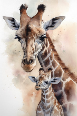 Giraffe baby and mother. Watercolor painting on paper.の素材