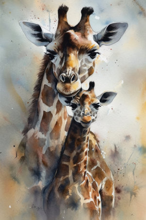 Giraffe mother and baby. Watercolor painting on paper.の素材