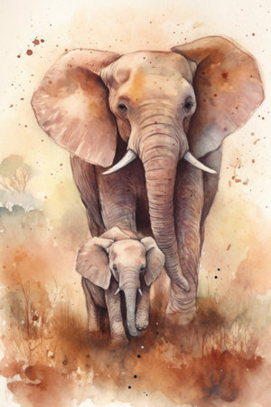 Watercolor illustration of an african elephant with a baby elephant.の素材
