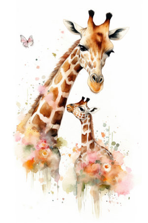 Watercolor illustration of a giraffe with baby on a white backgroundの素材