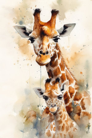 Watercolor illustration of a giraffe with a baby in its mouthの素材