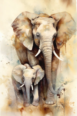 Watercolor drawing of an african elephant with cubes on it.の素材