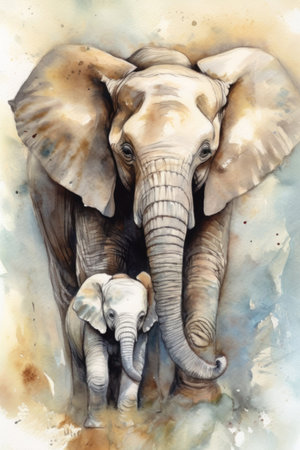 Watercolor painting of a baby elephant with his mother on a white backgroundの素材